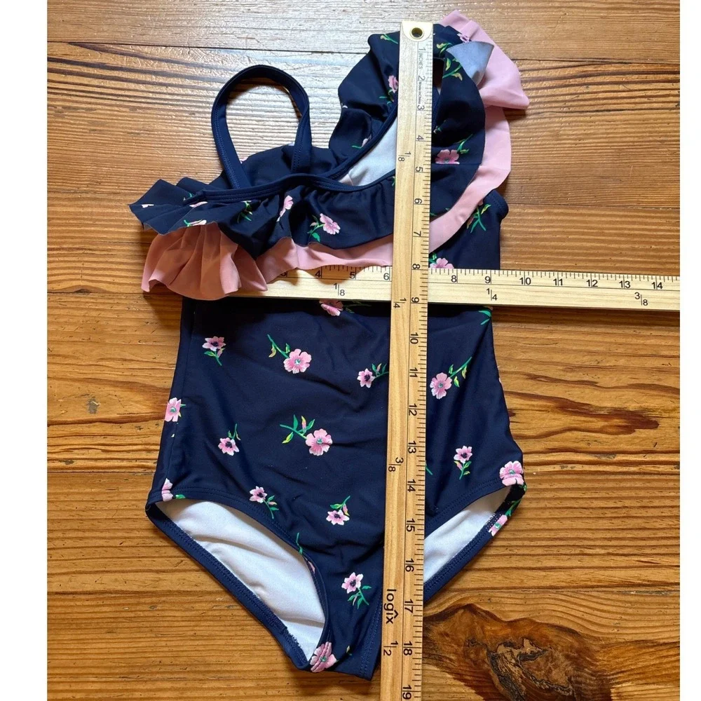 Kami Swimsuit Kids Navy Blue Excellent Floral One Shoulder Ruffle‎ SIZE 6